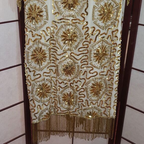 Gold Star Fringed Sequined Beaded Silk Cocktail Formal Dress - Picture 9 of 11